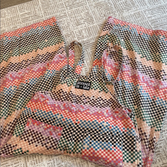 Dressed in Lala Big Feelings Oversized Denim Overalls Rainbow Checkerboard - Picture 3 of 9